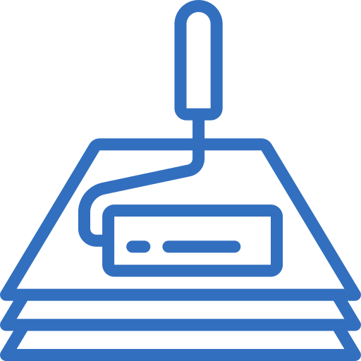 A Blue Line-Art Icon Showing A Paint Roller With A Small Rectangle On It, Positioned On Top Of Three Stacked Triangular Layers, Set Against A Transparent Background.