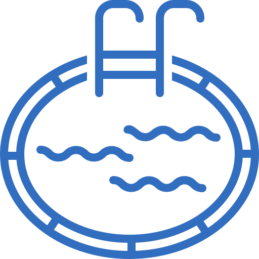 A Blue Line-Art Icon Depicting A Circular Swimming Pool With Wavy Lines For Water And A Ladder Entering The Pool, Surrounded By A Paved Edge.