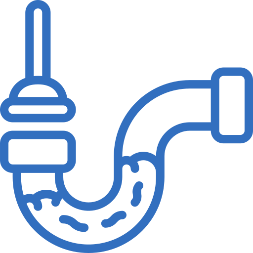 A Blue Line-Art Icon Showing A P-Trap Plumbing Pipe With Water And Debris Inside, And A Plunger Inserted Into The Vertical Section, Set Against A Transparent Background.