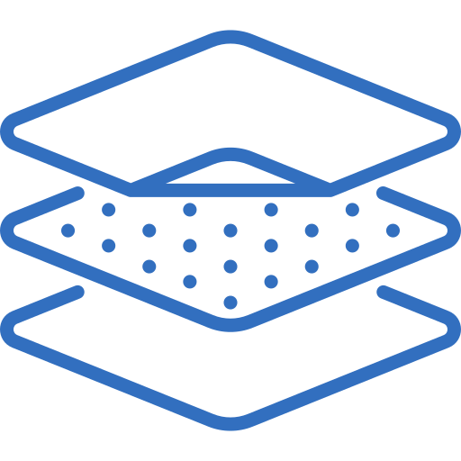 A Blue Line-Art Icon Showing Three Stacked Layers, With The Middle Layer Containing A Dense Pattern Of Dots, Suggesting A Filtration System Or Multi-Layered Material.