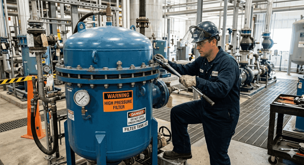 Professional Pool Filter Cleaning Services in The Villages: Ultimate Guide 3 An Industrial Technician In Blue Coveralls And A Face Shield Using A Large Torque Wrench To Tighten Bolts On A Blue High-Pressure Filter Tank Labeled &Quot;Filter Tank #3&Quot; In A Factory Setting.