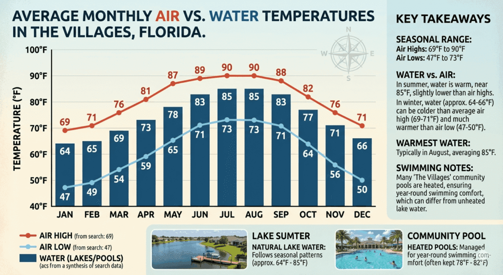 Best Pool Heater for The Villages in Florida Climate 2 An Infographic Showing Average Monthly Air And Water Temperatures In The Villages, Florida. The Chart Compares Air Highs (Reaching 90°F), Air Lows, And Water Temperatures For Lakes And Pools Throughout The Year, Featuring Lake Sumter And Community Pool Photos.