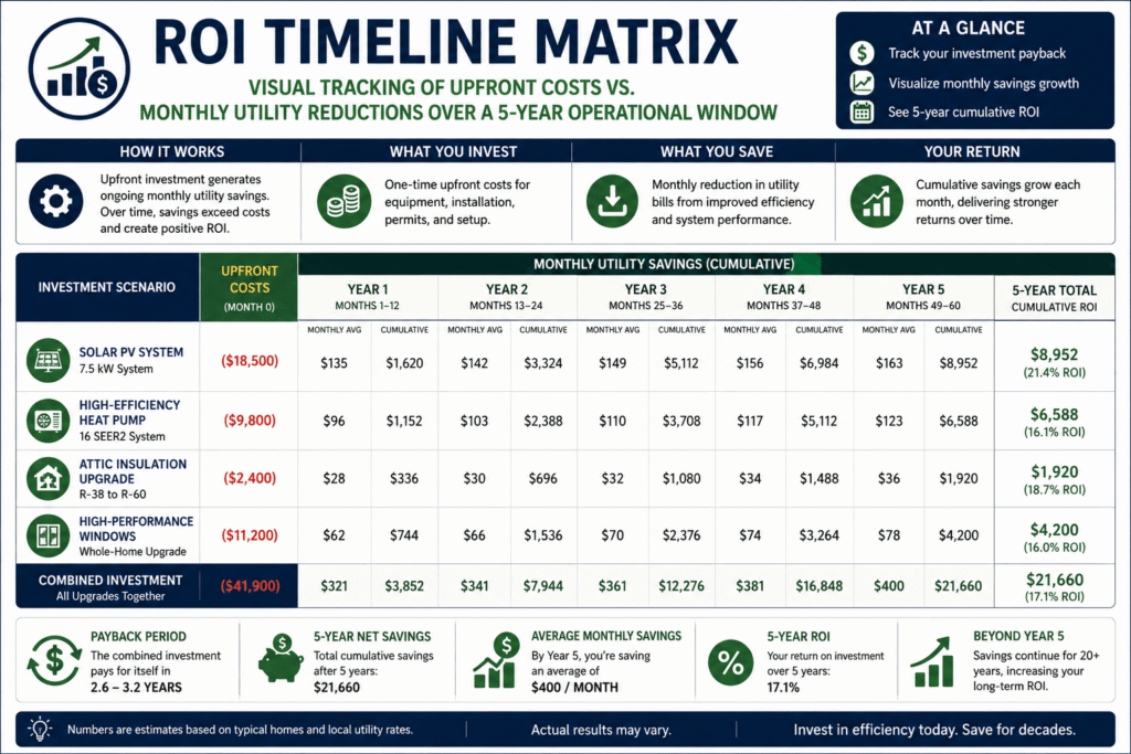 An Roi Timeline Matrix Infographic Detailing The Upfront Costs And 5-Year Cumulative Utility Savings For Home Energy Efficiency Upgrades—Including A Solar Pv System, High-Efficiency Heat Pump, Attic Insulation, And High-Performance Windows—Optimized For Residential Properties In San Diego, California.