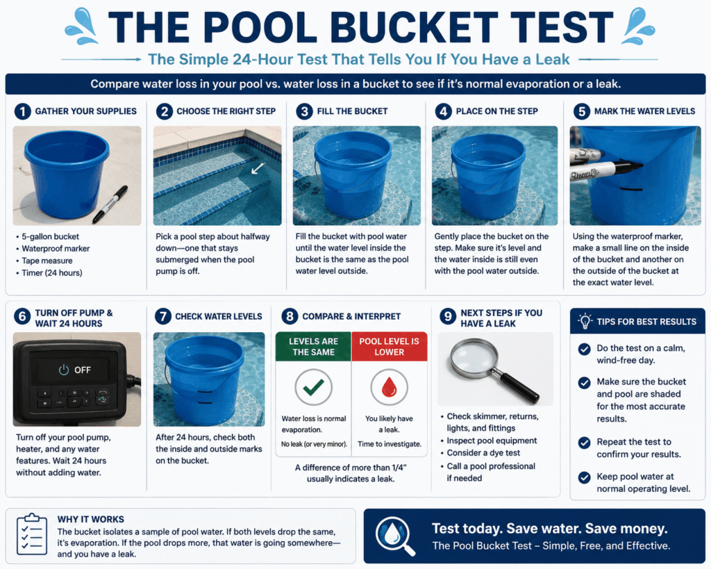 Pool Water Loss in July: Ocala Evaporation vs. Leak Guide 3 A Step-By-Step Diy Instructional Infographic Detailing How To Perform A 24-Hour Pool Bucket Test To Compare Evaporation Rates Against A Structural Water Leak In A Swimming Pool Shell Or Plumbing System, Optimized For Homeowners In Orlando, Florida.