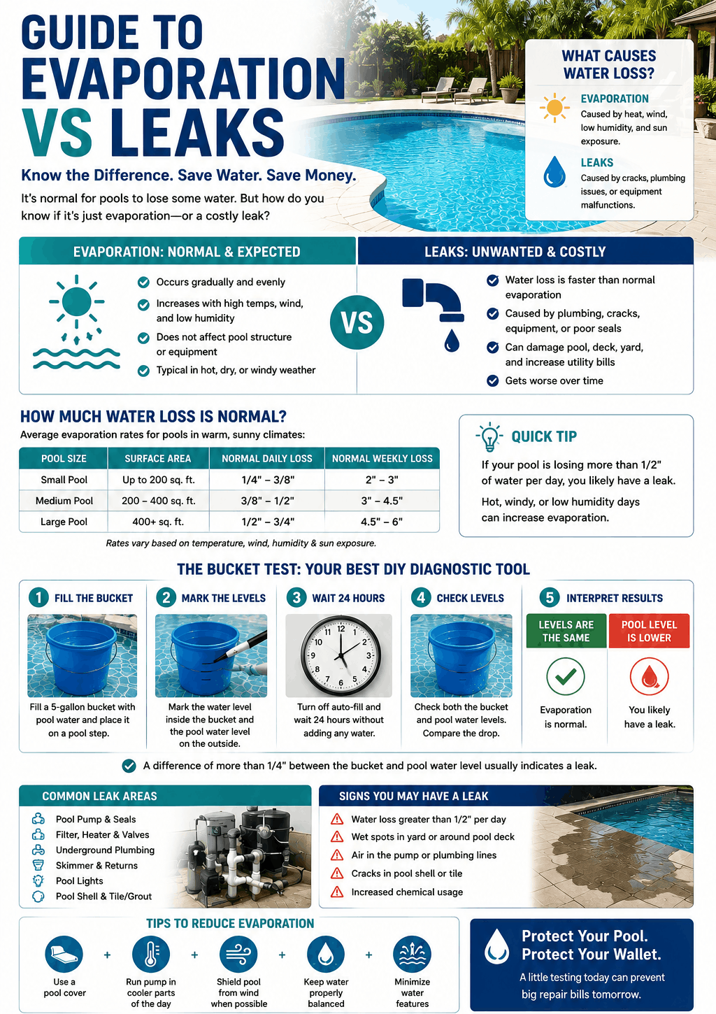 Pool Water Loss in July: Ocala Evaporation vs. Leak Guide 1 An Educational Infographic Titled Guide To Evaporation Vs Leaks By Ocala Pool Pros, Explaining Pool Water Loss In July In Ocala, Florida. The Graphic Breaks Down Normal Evaporation Rates By Pool Size, Outlines Step-By-Step Instructions For Performing The Diy Bucket Test, Lists Common Pool Leak Signs, And Provides Tips To Reduce Water Loss.