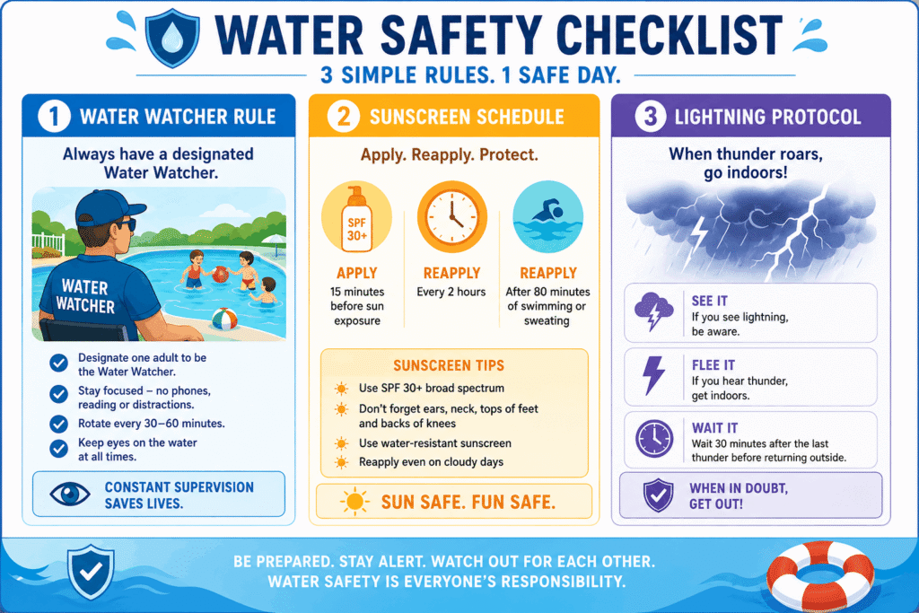 An Educational Water Safety Checklist Infographic For Phoenix, Az, Outlining The Water Watcher Rule, Sunscreen Schedules, And Lightning Protocols For Pool Safety.