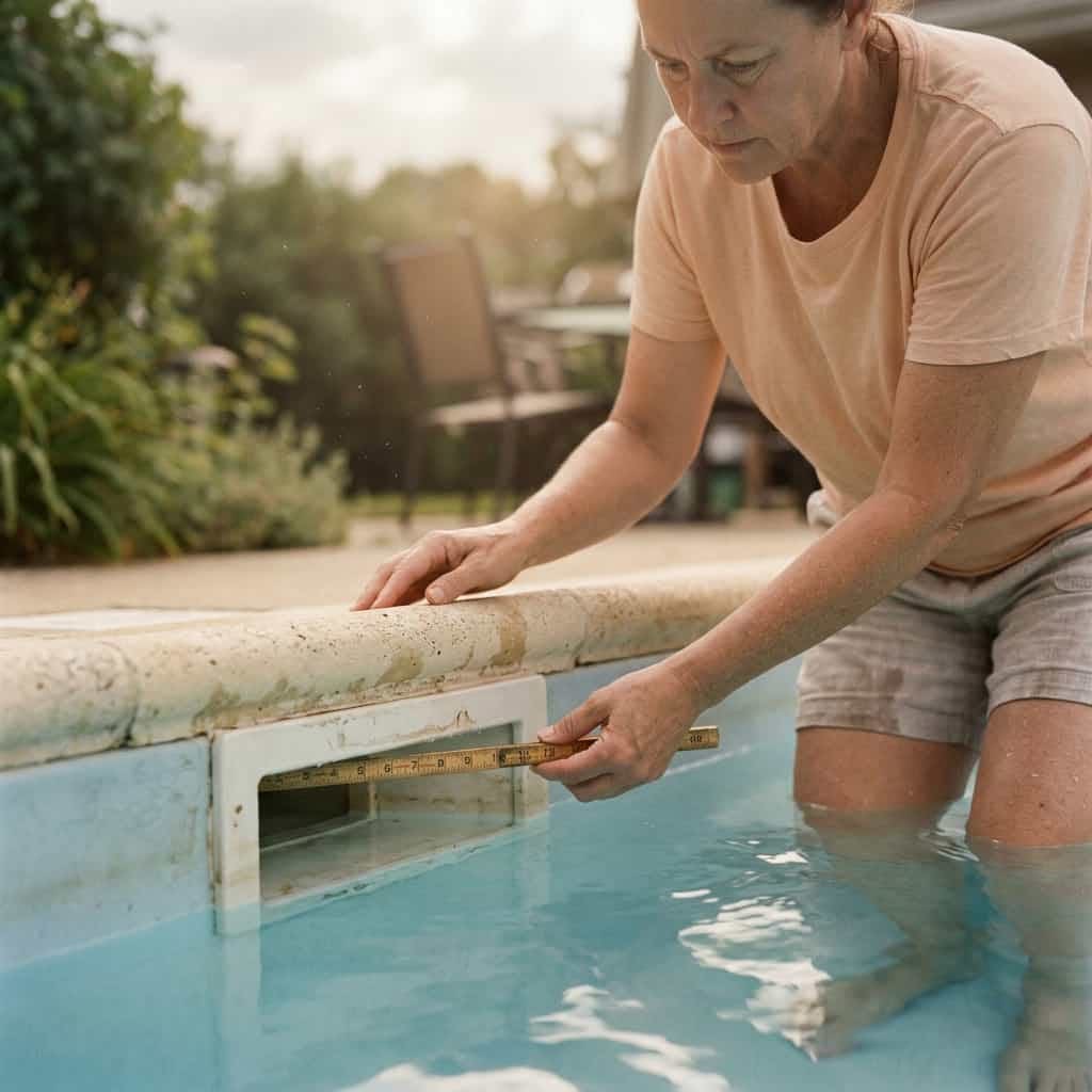 Pool Water Loss in July: Ocala Evaporation vs. Leak Guide 2 A Woman Standing Inside A Backyard Swimming Pool Uses A Wooden Folding Ruler To Measure The Water Line Level At The Opening Of The Pool Skimmer Mouth For Leak Detection In Houston, Texas.