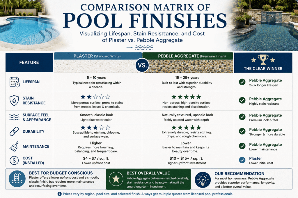 An Informational Infographic Titled 'Comparison Matrix Of Pool Finishes' Detailing Lifespan, Stain Resistance, And Costs Of Swimming Pool Plaster Vs Pebble Surfaces In Orlando, Florida.