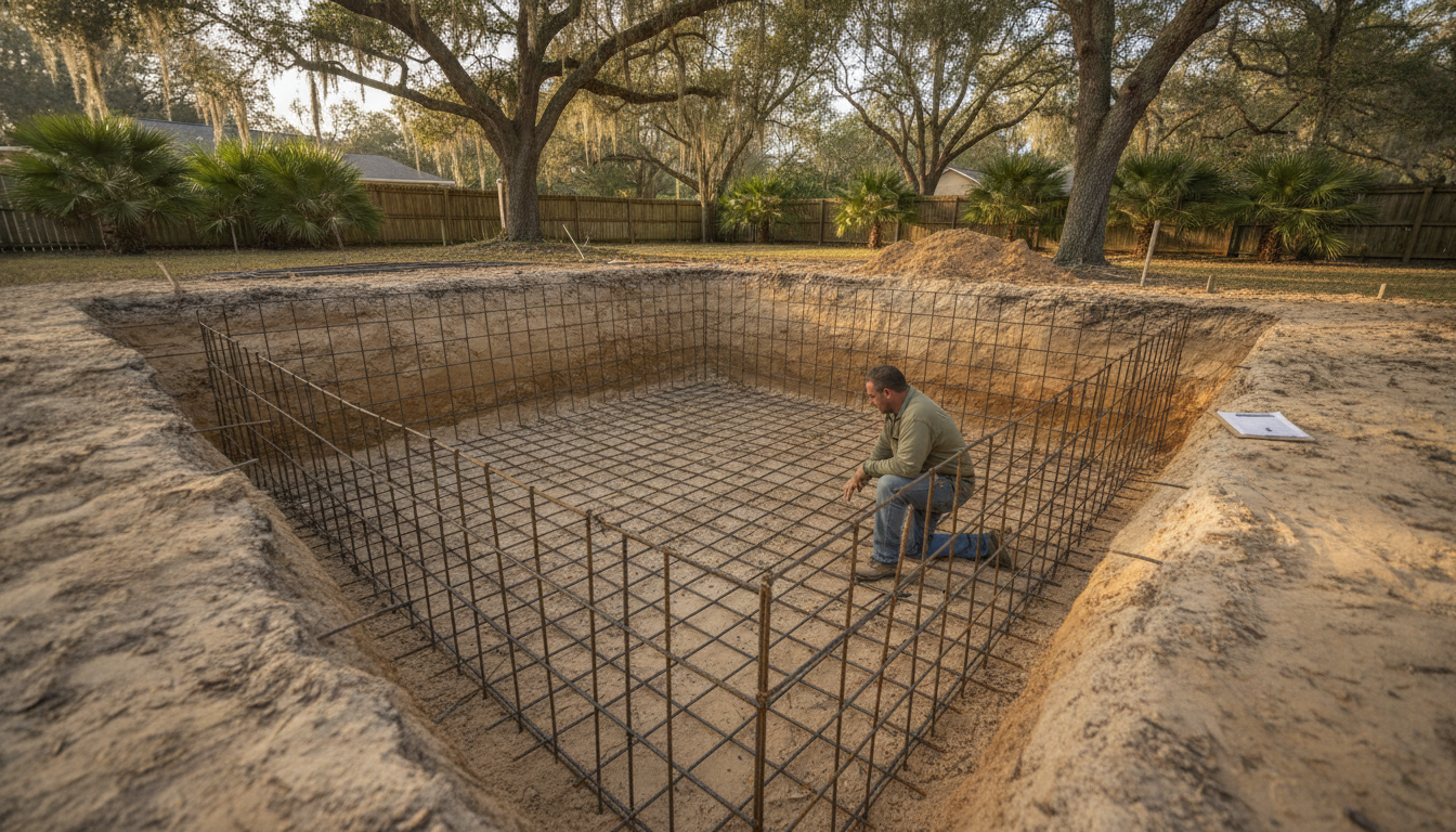 Contractor Pool Construction Site In Ocala Florida With Rebar Steel And Excavation