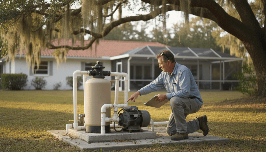 Searching for a Pool Business for Sale Near Me? Read This First (Ocala & The Villages Edition) 1 Technician Reviewing Pool Equipment During Evaluation Of A Pool Business For Sale Near Me