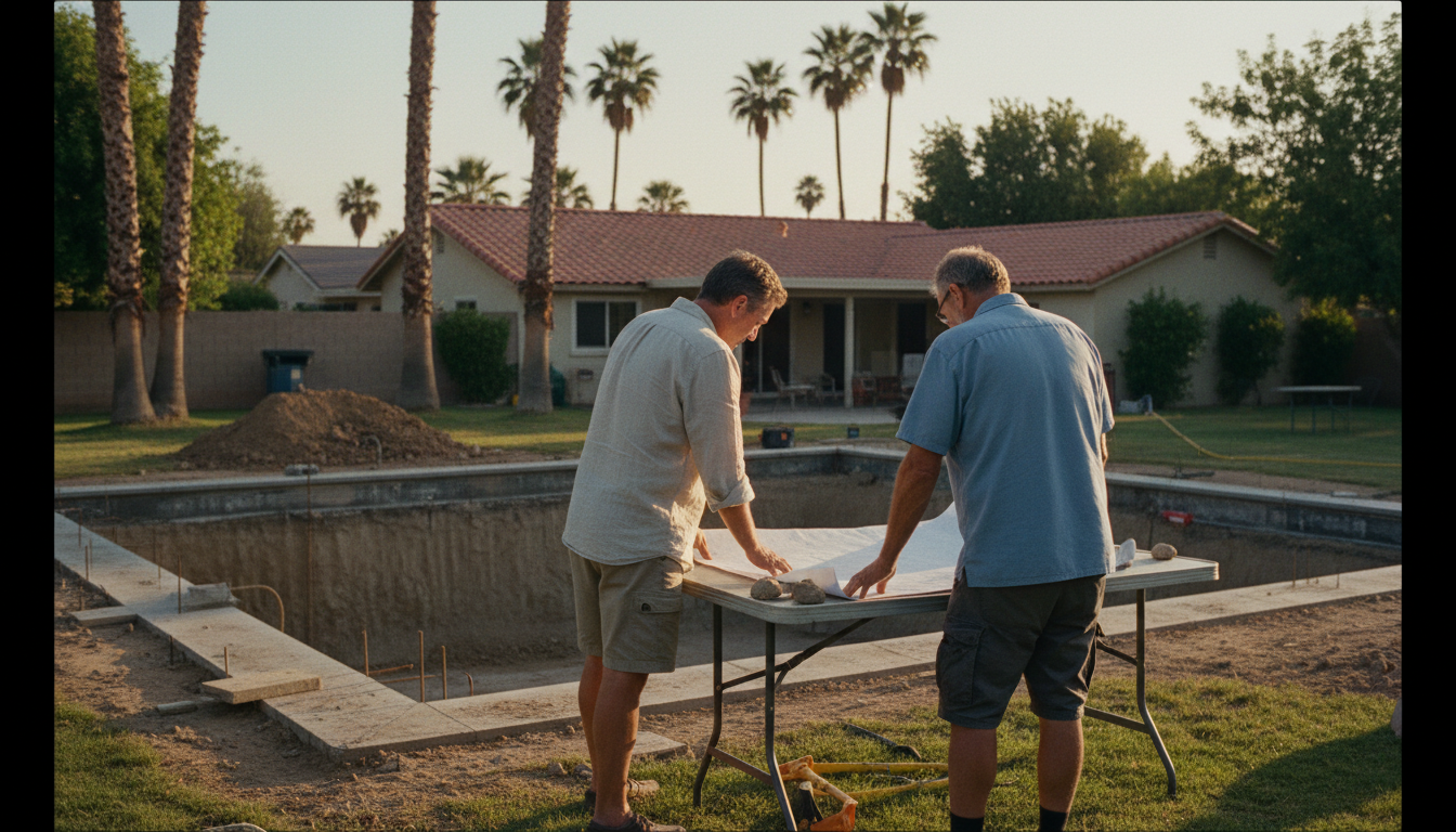 Pool Contractor Near Me Reviewing Blueprints With A Homeowner In Ocala Backyard