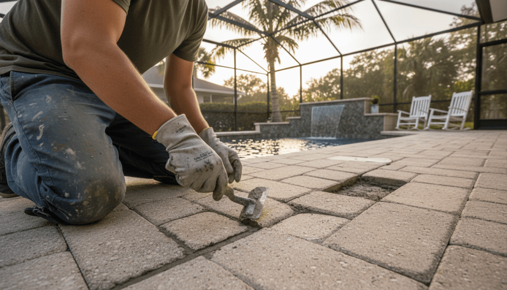 Cracked Pool Deck? Ocala & The Villages Repair Guide for 2026 2 Technician Performing Paver Deck Repair Near A Swimming Pool