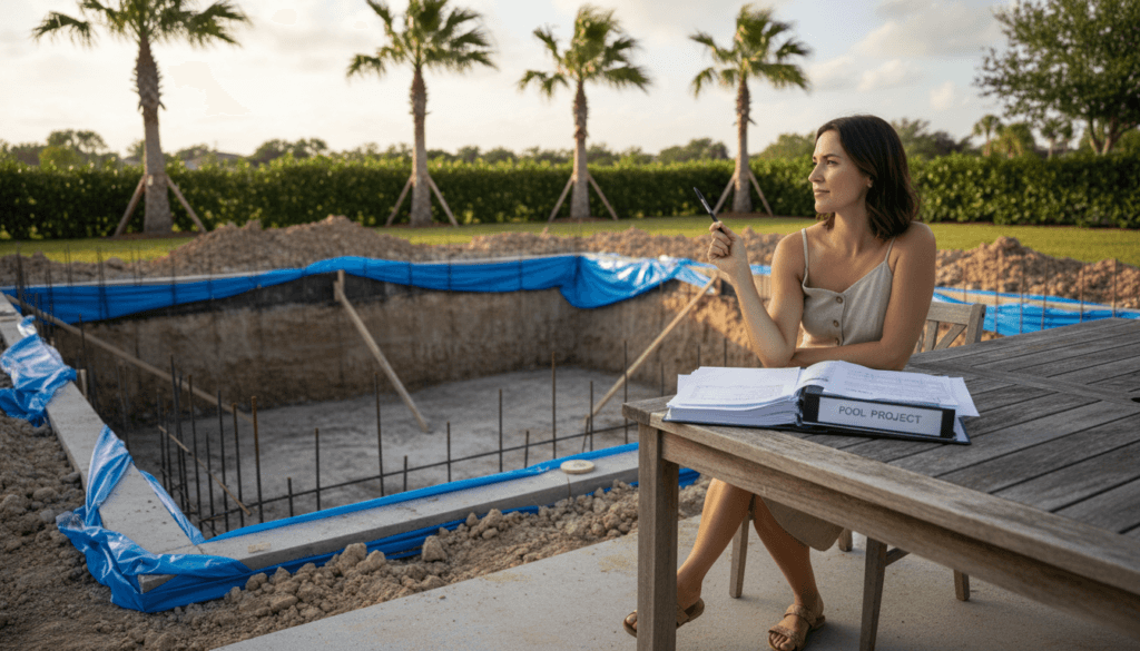 Homeowner Reviewing Pool Contractor License And Bond Paperwork In Ocala Fl