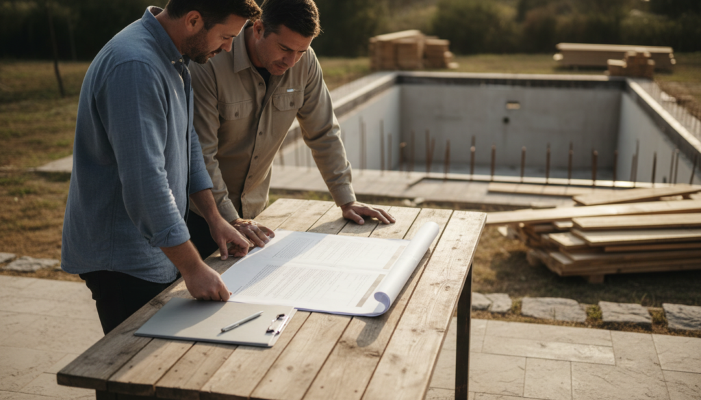 Choosing a Contractor for Swimming Pool Projects in Ocala & The Villages 3 Homeowner Reviewing A Written Pool Construction Contract With A Licensed Contractor